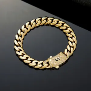 Men 14K Gold Plated Stainless Steel Cuban Link Chain Necklace with Paved Rhinestone Clasp