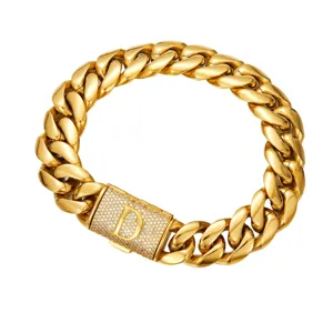 Men Gold Cuban Link Chain Necklace Pave Rhinestone Letter D Clasp Hip Hop Jewelry