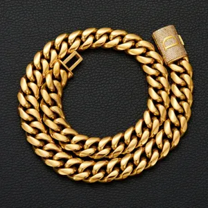 Men's Gold Cuban Link Chain Hip Hop Heavy Metal Necklace with Paved Rhinestone Clasp D