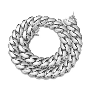 Men stainless steel Cuban link chain necklace closeup view polished silver finish