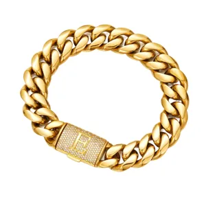 Men gold cuban link chain necklace with iced out letter E box clasp hip hop jewelry detail