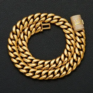 Detailed view of the gold-tone men hip hop Cuban link chain with paved rhinestone clasp.