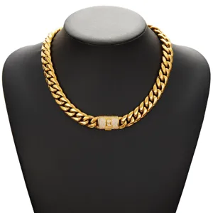 Men's Hip Hop Gold Cuban Link Chain Necklace with Rhinestone Initial E Clasp Detail