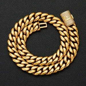 Men gold Cuban link chain necklace with iced out H letter box clasp hip hop jewelry