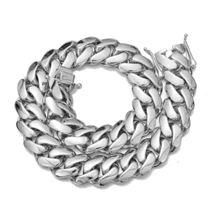 Detailed close-up view of the men's stainless steel mirror polished Cuban link chain necklace.