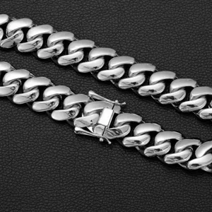 Men stainless steel Cuban chain necklace detail, mirror polished finish, sturdy clasp design.
