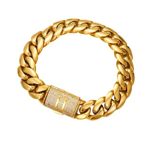 Gold cuban link chain necklace for men with letter H pavé clasp hip hop fashion jewelry item