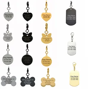 Stainless Steel Pet ID Tag Customizable Dog Name Plate Engraved Bone Heart Round Cat Shield Pendant Pet Supplies