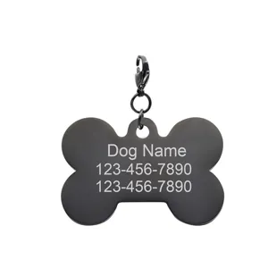 Stainless steel bone-shaped dog tag pet ID pendant with clasp and engraved text.