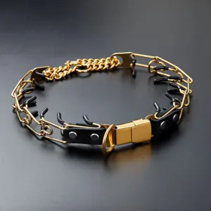 Stainless steel dog prong training collar with quick release buckle and protective rubber tips.
