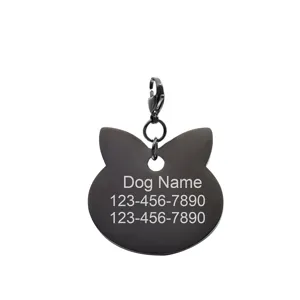 Stainless steel cat shape pet ID tag detail, customizable engraved name and phone number pendant.