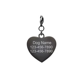 Detailed close-up of a stainless steel heart-shaped pet ID tag with custom engraving.
