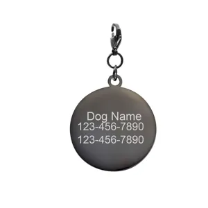 Stainless steel round pet ID tag with custom engraving option, sleek black finish.