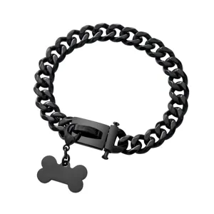 Black stainless steel cuban link dog collar with bone pendant, 19mm heavy chain.