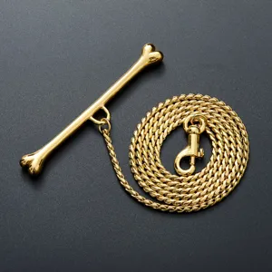 Gold stainless steel pet leash detail showing 4mm thick chain and bone handle closeup.