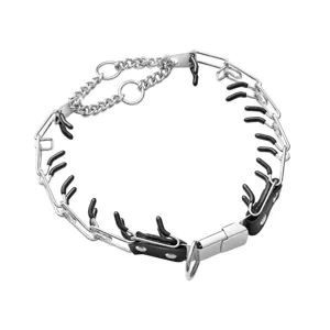 Stainless steel dog pinch collar with rubber tips and quick release buckle for training.
