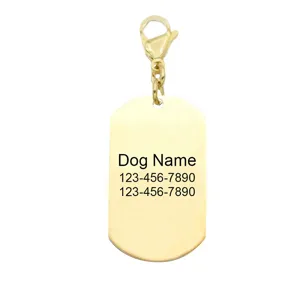 Gold stainless steel pet dog tag pendant ID nameplate customizable accessory detail shot.