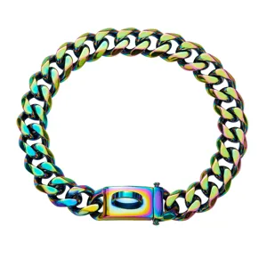 19mm Stainless Steel Rainbow Cuban Link Pet Dog Collar Heavy Duty Metal Choke Chain Loop