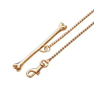 Golden metal bone handle and chain detail of stainless steel dog leash for outdoor walking.