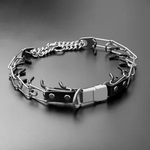 Stainless steel dog prong training collar with quick release buckle and protective rubber tips.
