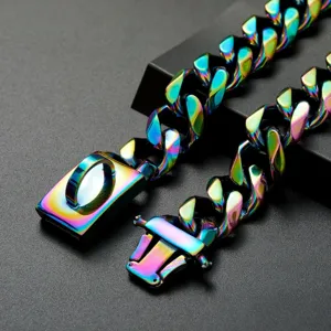 Close up detail of 19mm rainbow stainless steel heavy Cuban link pet dog collar and sturdy buckle.