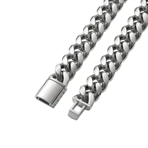 High polished stainless steel Cuban link chain necklace with secure fold-over clasp close.