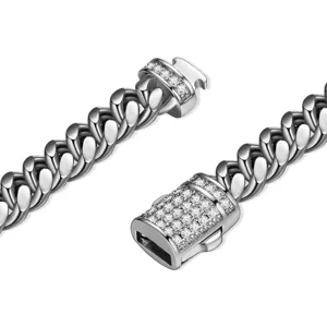 Stainless steel men cuban link chain detail view with crystal pavé box clasp silver tone