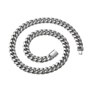 Polished stainless steel cuban link chain necklace with secure fold-over clasp detail.