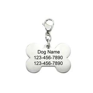 Stainless steel bone shaped pet dog tag custom engraved ID name tag with lobster clasp