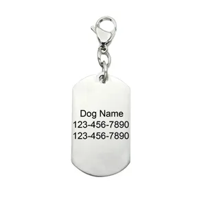 Stainless steel dog tag pendant close-up view showing engraved custom text details.