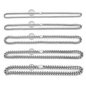 Stainless steel Cuban link chain necklace, polished silver tone heavy curb chain with secure clasp.