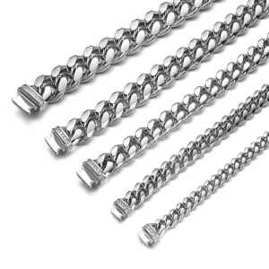 Stainless steel Cuban link chains detail shot showing various widths and paved stone clasps.