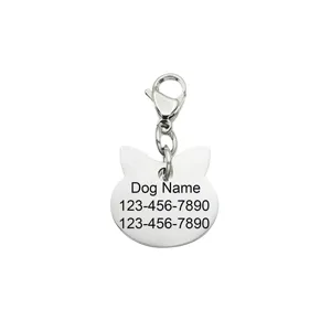 Stainless steel cat shape pet ID tag engraved pendant custom name and number detail view.