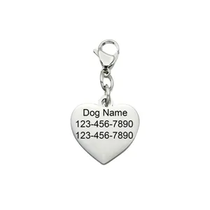Stainless steel heart pet ID tag pendant with lobster clasp and custom engraving detail.