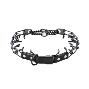 Black metal dog training pinch collar with quick release buckle and rubber tips for pets.