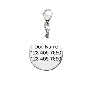 Stainless steel round pet ID tag detail, featuring a lobster clasp and custom engraving space.