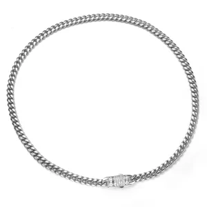 Men stainless steel cuban chain necklace with paved diamond lock, detailed view shot.