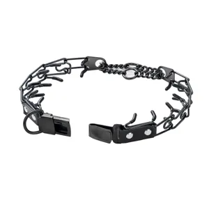 Black stainless steel dog prong training collar detail with quick release buckle and tail chain.
