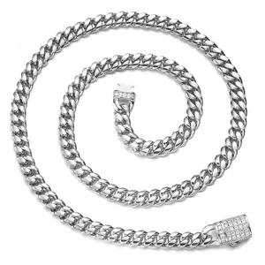 Men's stainless steel cuban link chain necklace with iced out crystal clasp silver tone