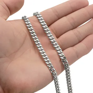 Men stainless steel Cuban link chain necklace, durable metal fashion jewelry piece.