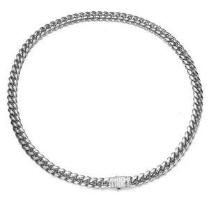 Men's stainless steel Cuban link chain necklace with sparkling rhinestone paved clasp for daily wear.