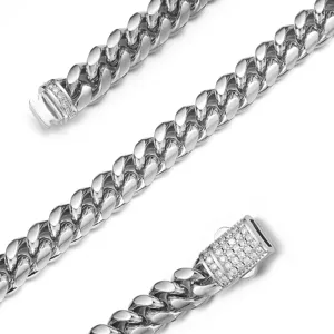 Detailed close-up view of stainless steel Cuban link chain with pave zirconia clasp.