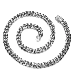 Stainless steel cuban link chain necklace for men, silver tone with rhinestone clasp.