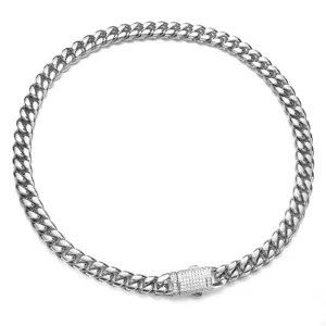Men stainless steel cuban chain necklace with rhinestone pave clasp detailed view.