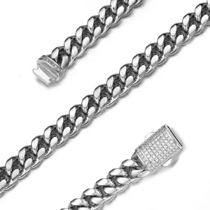 Men stainless steel Cuban link chain close-up, silver tone metal with sparkling rhinestone clasp detail.