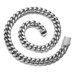 Men's stainless steel cuban chain necklace with glittering pavé crystal box clasp detail.