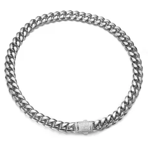 Stainless steel cuban link necklace for men with pave diamond clasp detailed view.