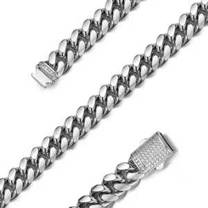 Men Stainless Steel Cuban Link Chain Silver Tone Paved Diamond Clasp Hip Hop Jewelry