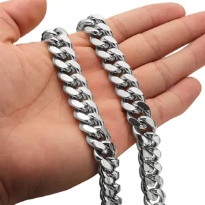 Heavy stainless steel Cuban chain necklace for men, durable metal fashion jewelry detail.