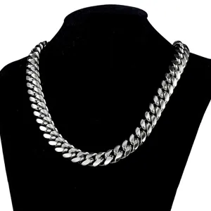Stainless steel cuban chain necklace detail view, heavy metal hip hop link jewelry display.